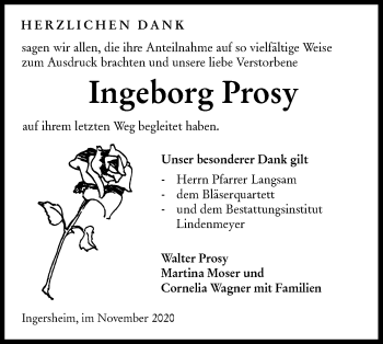 Traueranzeige von Ingeborg Prosy von Hohenloher Tagblatt