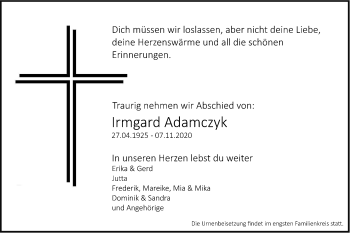 Traueranzeige von Irmgard Adamczyk von SÜDWEST PRESSE