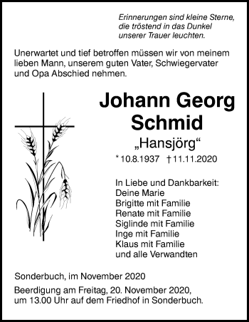 Traueranzeige von Johann Georg Schmid von SÜDWEST PRESSE Ausgabe Ulm/Neu-Ulm