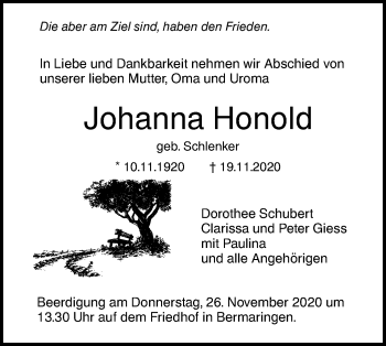 Traueranzeige von Johanna Honold von SÜDWEST PRESSE Ausgabe Ulm/Neu-Ulm