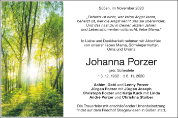 Traueranzeige von Johanna Porzer von NWZ Neue Württembergische Zeitung