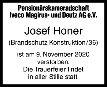 Traueranzeige von Josef Honer von SÜDWEST PRESSE Ausgabe Ulm/Neu-Ulm