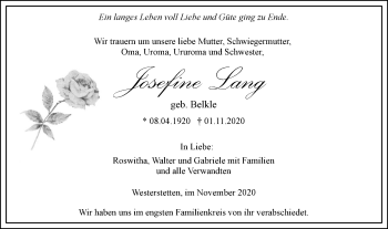 Traueranzeige von Josefine Lang von SÜDWEST PRESSE Ausgabe Ulm/Neu-Ulm