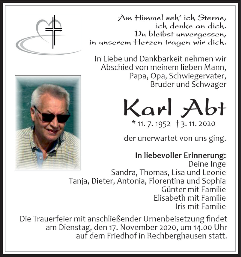  Traueranzeige für Karl Abt vom 05.11.2020 aus NWZ Neue Württembergische Zeitung