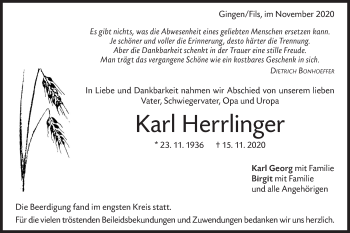 Traueranzeige von Karl Herrlinger von Geislinger Zeitung