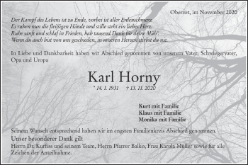 Traueranzeige von Karl Horny von Rundschau Gaildorf