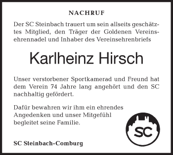 Traueranzeige von Karlheinz Hirsch von Haller Tagblatt