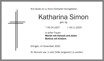 Traueranzeige von Katharina Simon von Ehinger Tagblatt