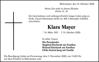 Traueranzeige von Klara Mayer von Alb-Bote/Metzinger-Uracher Volksblatt