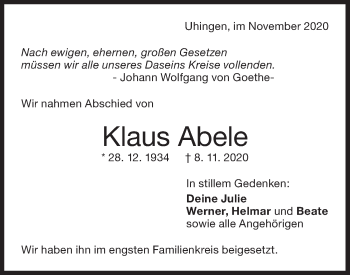 Traueranzeige von Klaus Abele von NWZ Neue Württembergische Zeitung