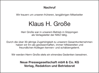 Traueranzeige von Klaus H. Große von NWZ Neue Württembergische Zeitung