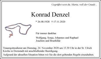 Traueranzeige von Konrad Denzel von SÜDWEST PRESSE Ausgabe Ulm/Neu-Ulm