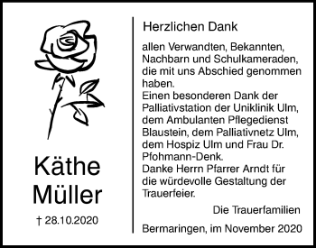 Traueranzeige von Käthe Müller von SÜDWEST PRESSE Ausgabe Ulm/Neu-Ulm