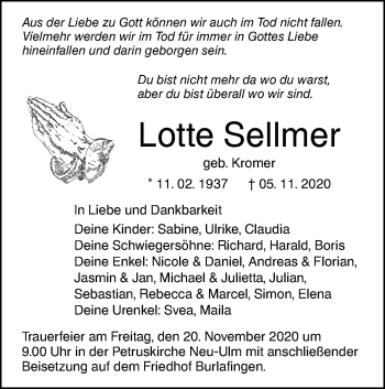 Traueranzeige von Lotte Sellmer von SÜDWEST PRESSE Ausgabe Ulm/Neu-Ulm