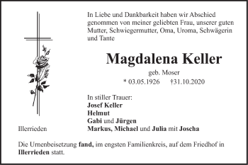 Traueranzeige von Magdalena Keller von Illertal Bote