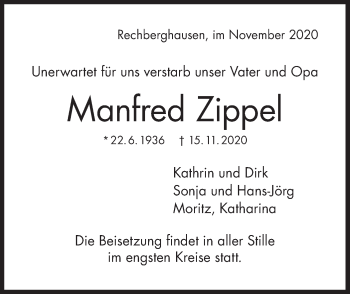 Traueranzeige von Manfred Zippel von NWZ Neue Württembergische Zeitung