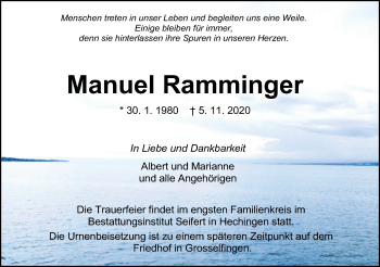 Traueranzeige von Manuel Ramminger von Hohenzollerische Zeitung