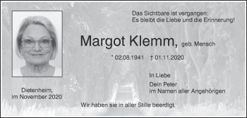 Traueranzeige von Margot Klemm von Illertal Bote