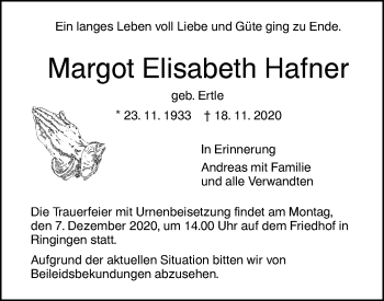 Traueranzeige von Margot Elisabeth Hafner von SÜDWEST PRESSE Ausgabe Ulm/Neu-Ulm