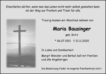 Traueranzeige von Maria Bausinger von Hohenzollerische Zeitung