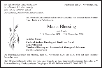 Traueranzeige von Maria Blessing von NWZ Neue Württembergische Zeitung/Geislinger Zeitung