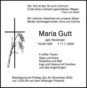 Traueranzeige von Maria Gutt von SÜDWEST PRESSE Ausgabe Ulm/Neu-Ulm