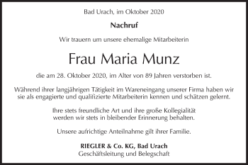 Traueranzeige von Maria Munz von Metzinger-Uracher Volksblatt