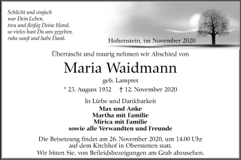 Traueranzeige von Maria Waidmann von Alb-Bote/Metzinger-Uracher Volksblatt