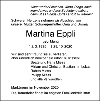 Traueranzeige von Martina Eppli von SÜDWEST PRESSE Ausgabe Ulm/Neu-Ulm