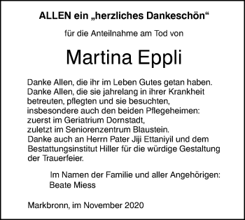 Traueranzeige von Martina Eppli von SÜDWEST PRESSE Ausgabe Ulm/Neu-Ulm