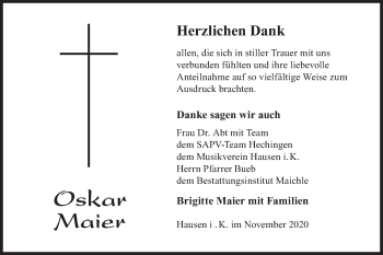 Traueranzeige von Oskar Maier von Hohenzollerische Zeitung