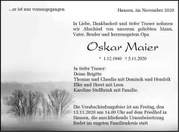 Traueranzeige von Oskar Maier von Hohenzollerische Zeitung