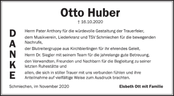 Traueranzeige von Otto Huber von Ehinger Tagblatt