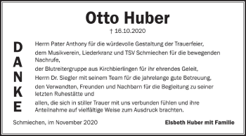 Traueranzeige von Otto Huber von Ehinger Tagblatt