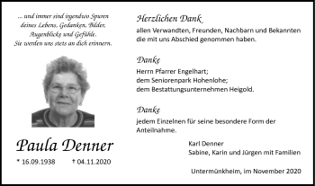 Traueranzeige von Paula Denner von Haller Tagblatt