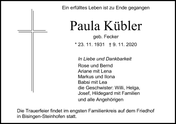 Traueranzeige von Paula Kübler von Hohenzollerische Zeitung