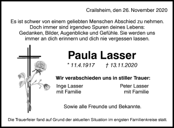 Traueranzeige von Paula Lasser von Hohenloher Tagblatt