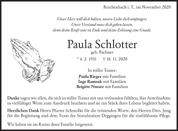 Traueranzeige von Paula Schlotter von Geislinger Zeitung