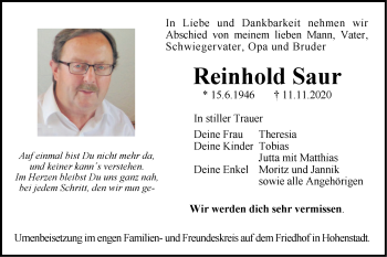 Traueranzeige von Reinhold Saur von Geislinger Zeitung