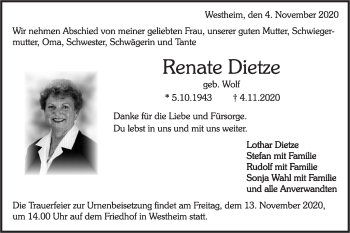 Traueranzeige von Renate Dietze von Haller Tagblatt