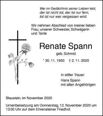 Traueranzeige von Renate Spann von SÜDWEST PRESSE Ausgabe Ulm/Neu-Ulm