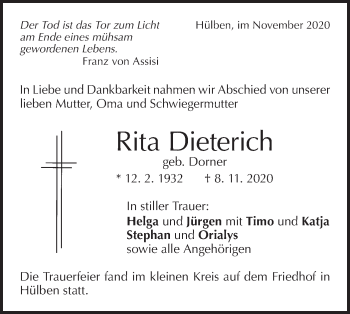 Traueranzeige von Rita Dieterich von Metzinger-Uracher Volksblatt