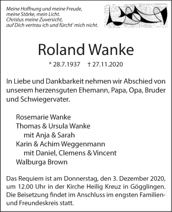 Traueranzeige von Roland Wanke von SÜDWEST PRESSE Ausgabe Ulm/Neu-Ulm