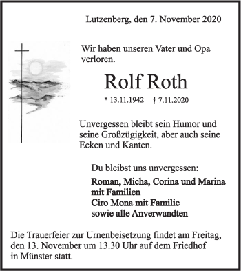 Traueranzeige von Rolf Roth von Rundschau Gaildorf