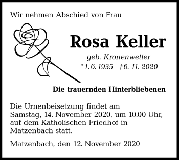 Traueranzeige von Rosa Keller von Hohenloher Tagblatt