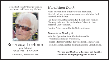 Traueranzeige von Rosa Lechner von Hohenloher Tagblatt