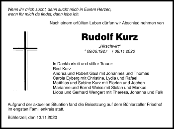 Traueranzeige von Rudolf Kurz von Haller Tagblatt