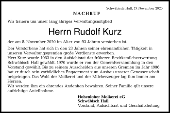 Traueranzeige von Rudolf Kurz von Haller Tagblatt