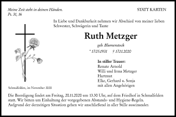 Traueranzeige von Ruth Metzger von Hohenloher Tagblatt