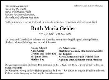 Traueranzeige von Ruth Maria Geider von Haller Tagblatt